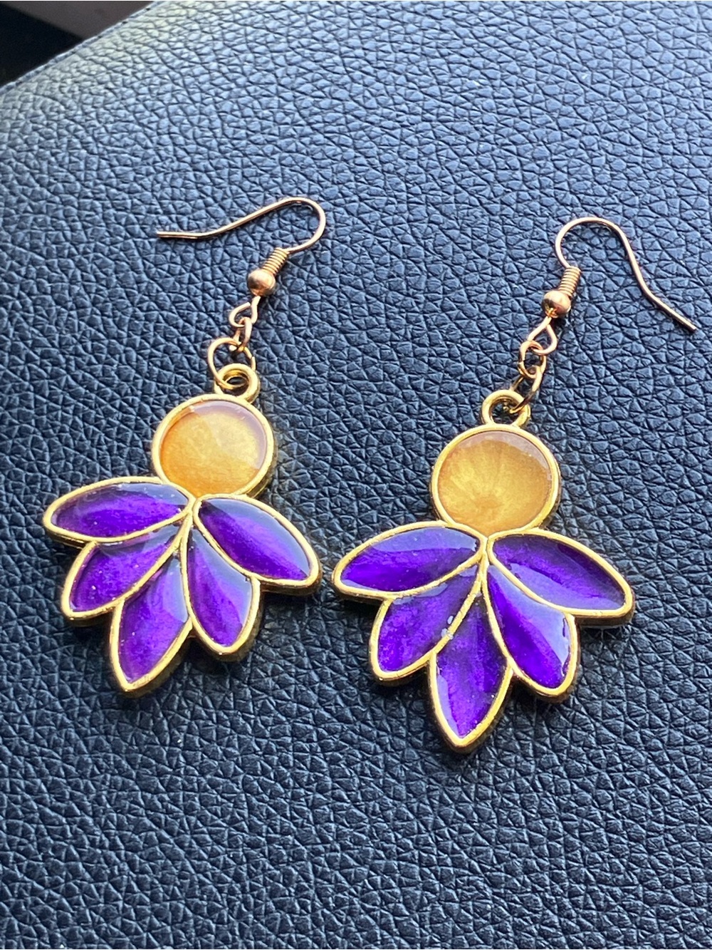 Purple and yellow/Gold Moon and lotus flower dangle earrings - Picture 5 of 6